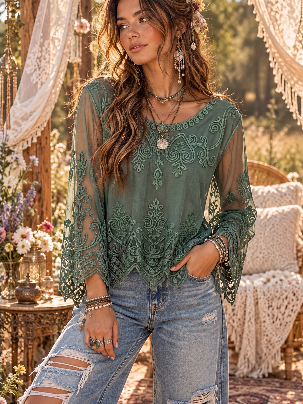 Pretty Angel Romantic, whimsical Embroidered Mesh Bell Sleeve Boho Blouse XL NWT